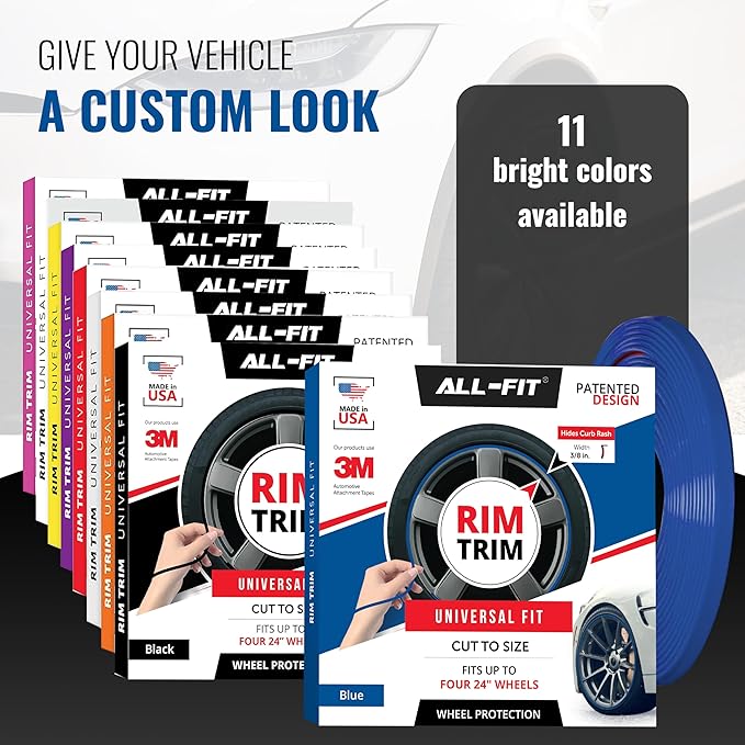 All-Fit Automotive Rim Trim – Durable DIY Car Exterior Accessories for Curb Rash Protection – Fits Up to Four 24” Wheels – Flexible, Durable Wheel Rim Protector (3/8″ width/Blue)