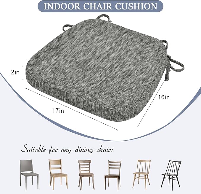 baibu Kitchen Chair Cushions Set of 6, Dual-Layer Patented Design Memory Foam Dining Chair Pads with Ties and Washable Cover, 6 Pack, 17" x 16" x 2", Grey