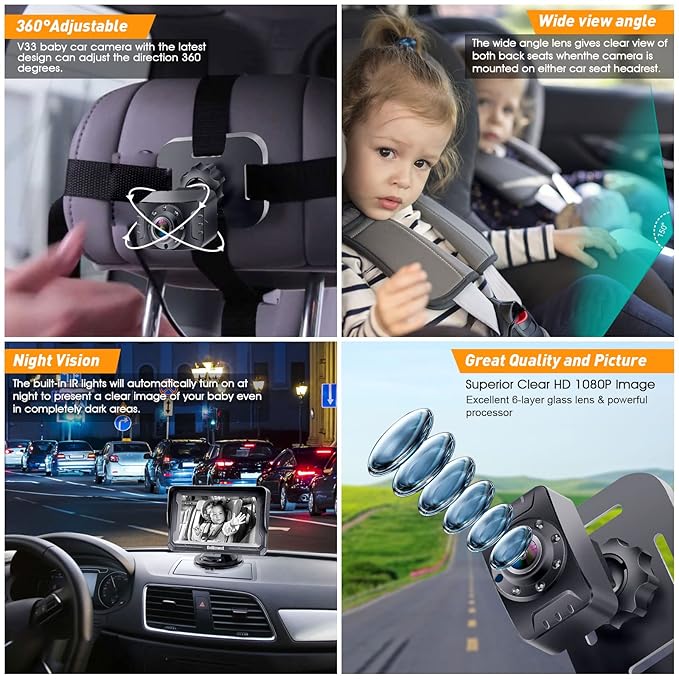 DoHonest Baby Car Camera HD 1080P - Rear-Facing Car Baby Monitor with Night Vision, Adjustable View Angle, Easy Setup, Anti-Glare Display, Safety for Kids & Infants