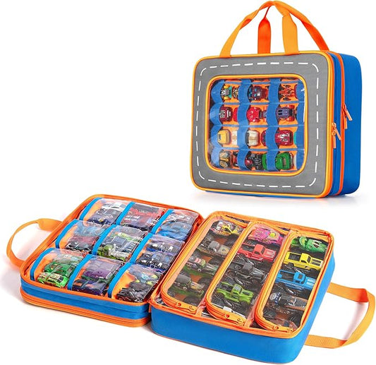 Storage Case Compatible with Hot Wheels Toy Trucks and Monster Trucks (Hold 66 Pcs), Toy Car Storage Case with Front Display Window, Blue