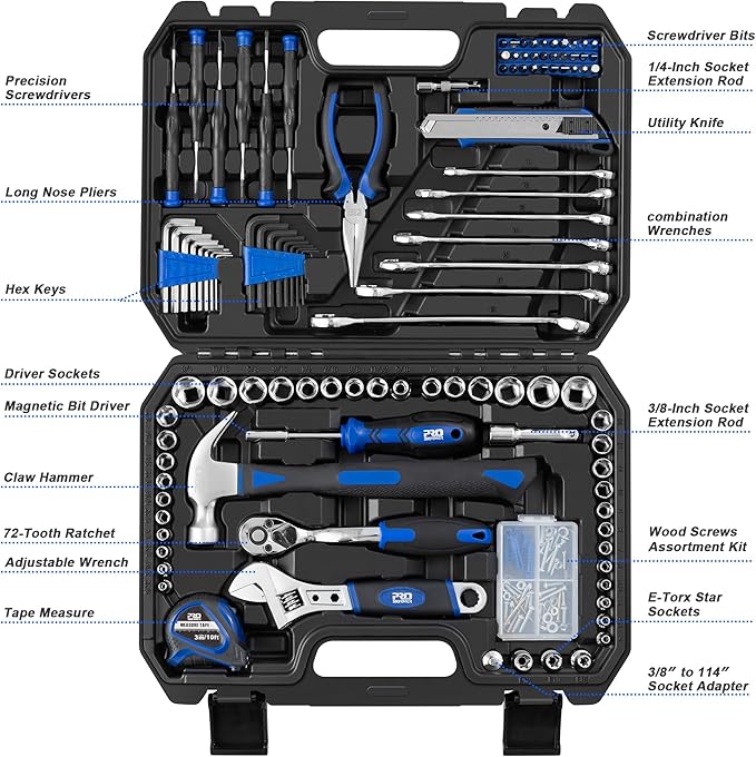 Prostormer 200-Piece Hand Tool Set, General Home and Auto Repair Tool Kit with Toolbox Storage Case for Mechanical Repair, DIY, Home Maintenance