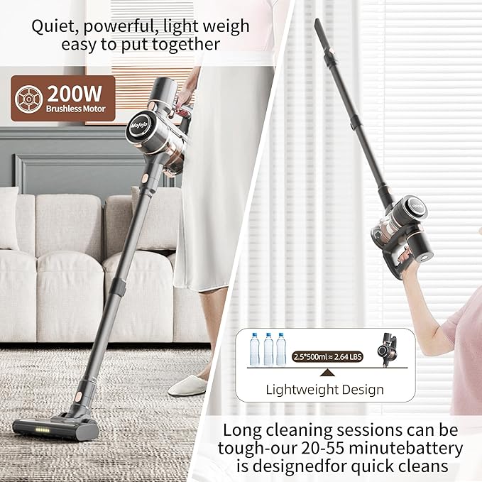 Mojojo Cordless Stick Vacuum Cleaner, 23KPa Handheld Rechargeable Battery Lightweight Small Silver Gray Electirc Broom, 55Mins Runtime for Home Hard Floor Carpet Pet Hair Cleaning