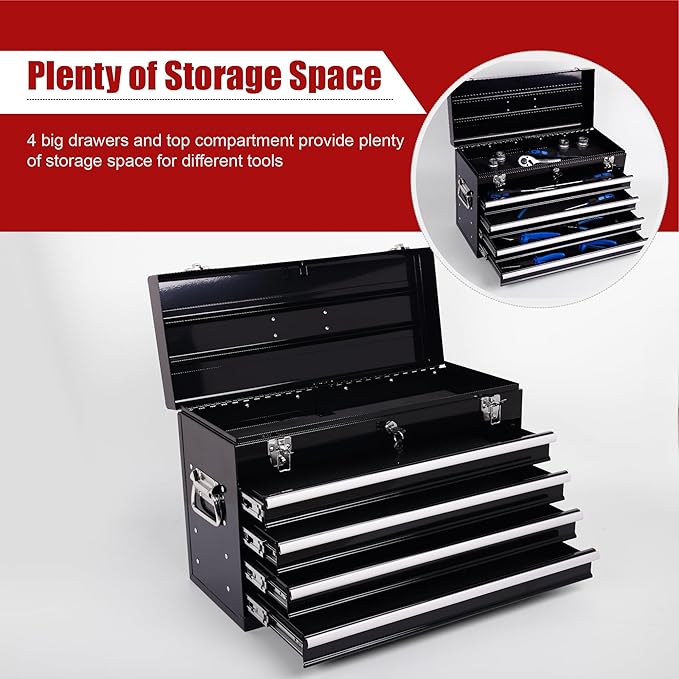 21" Portable 4 Drawer Steel Toolbox, 5 Layers of Tools with Metal Latches, with Top Storage Tray and Carrying Handle, Multi-Function Tool Chest for Garage, Home,or Workbench（black）