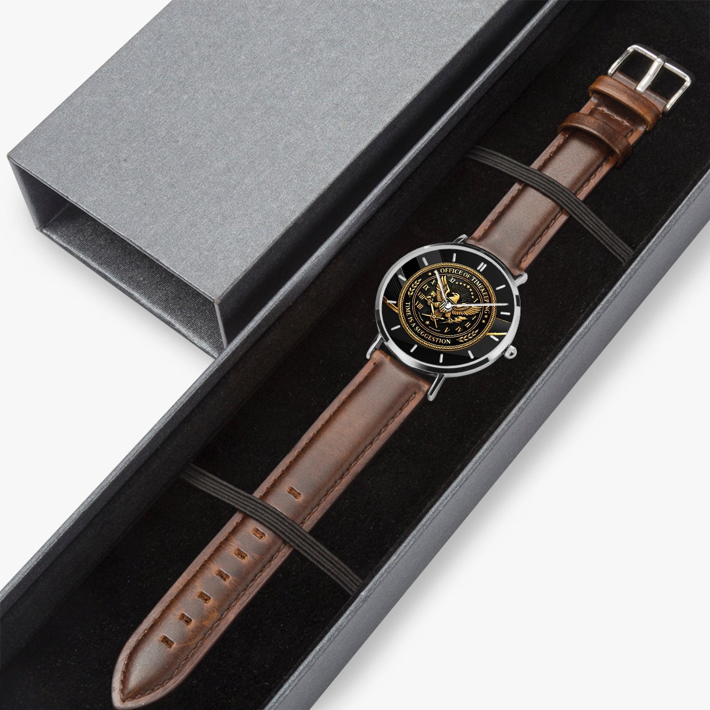 Office of Timekeeping Leather Strap Watch – “Time Is A Suggestion” Emblem – Unisex Gold & Black Dial