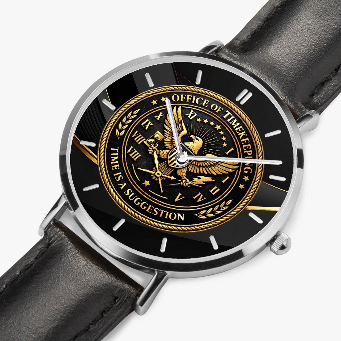 Office of Timekeeping Leather Strap Watch – “Time Is A Suggestion” Emblem – Unisex Gold & Black Dial