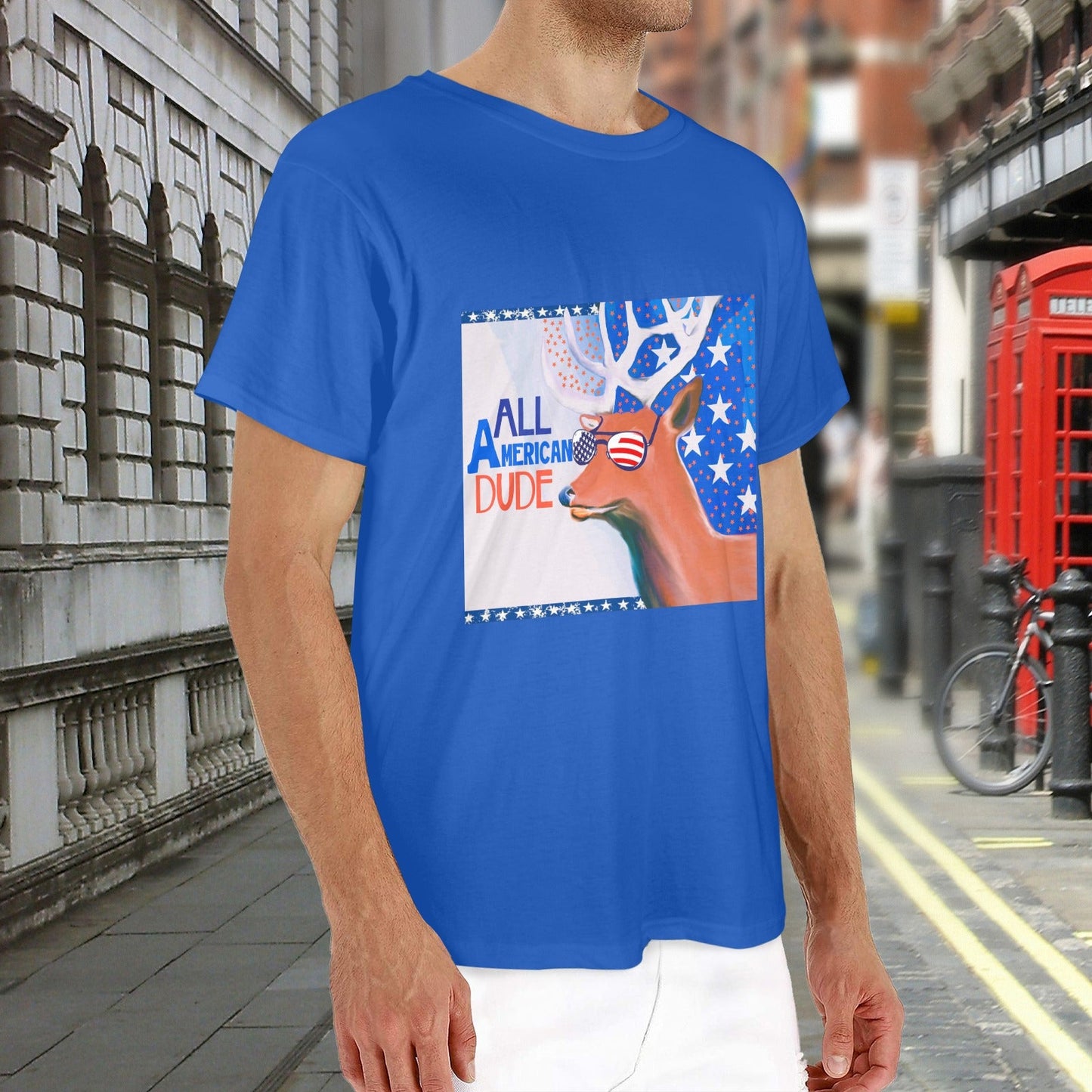 All American Dude with Deer Men's Blue Cotton T-Shirt | Ships from USA