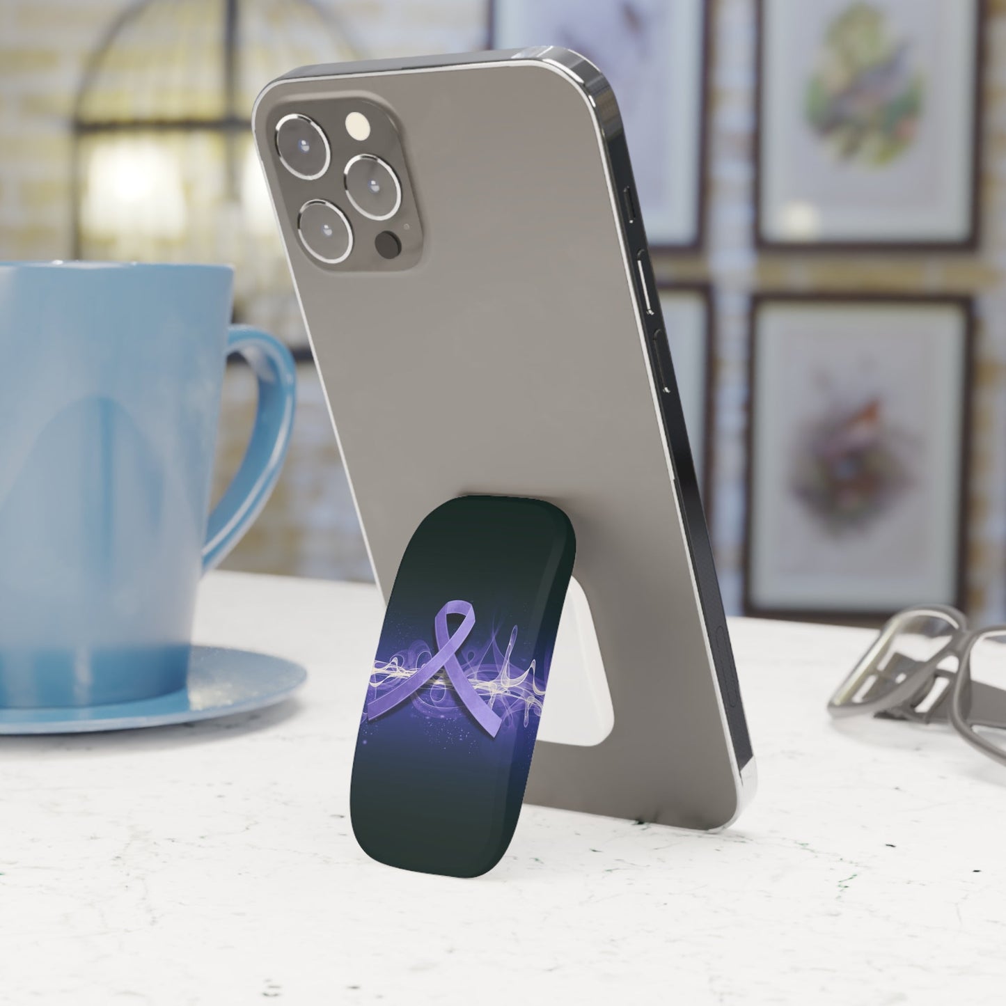Epilepsy Awareness Phone Stand – Purple Ribbon Brain Wave Design