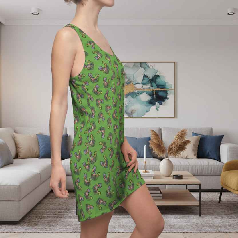 Green WhimsiCat Racerback Dress – Lightweight Athletic Cat Print Dress