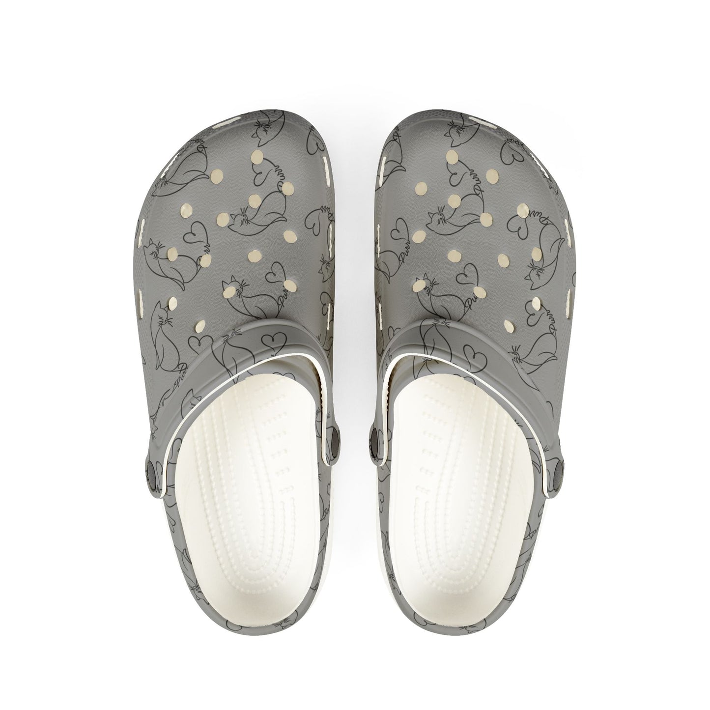 Minimalist Cat Line Art EVA Clogs – Grey All-Over Print Slip-Ons