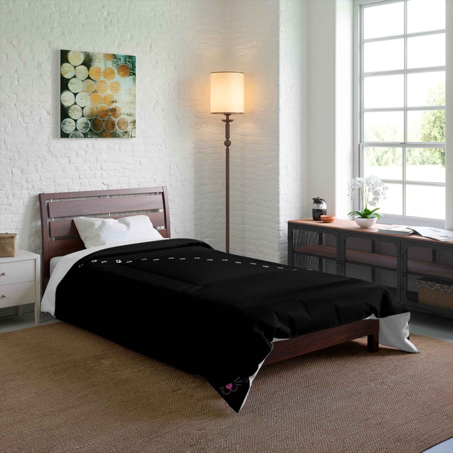 Black “Pawprint Path” Cat Lover Comforter