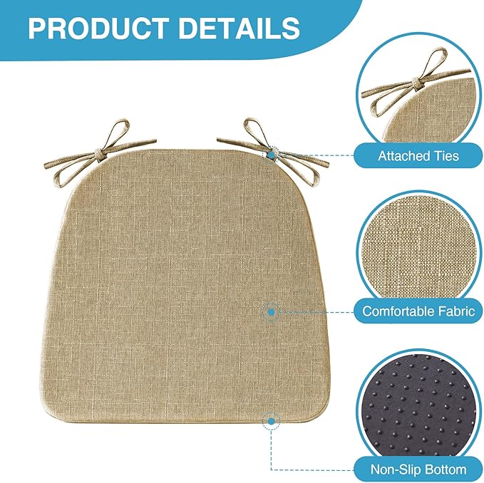 IASEAHK Chair Cushions for Dining Chairs Set of 4, Non Slip Kitchen Chair Pads, 17" x 16" x 2", Indoor Dining Chair Cushions with Ties, D-Shaped Seat Cushions for Kitchen Chairs, Khaki