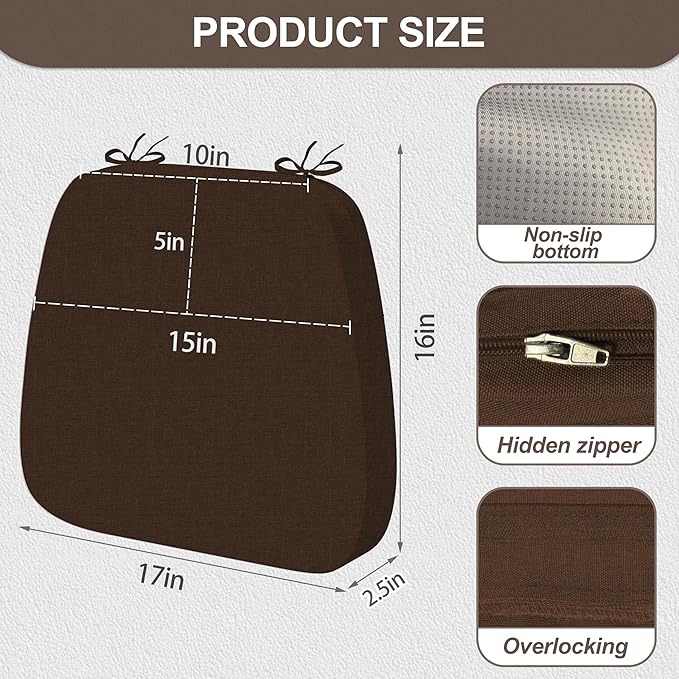17'' x 16'' x 2.5"Thick Chair Cushions for Dining Chairs, 8 Pack WaterProof Easy Clean Kitchen Chair Pads with Ties and Non-Slip Backing - 30D High Elastic Foam Soft Kitchen Chair Cushions