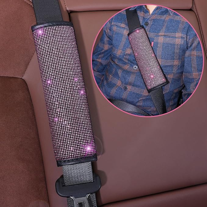 7 Pack Bling Car Accessories Set for Women Girl, Diamond Steering Wheel Cover Set 15 inch,Seat Belt Cushion,Gear Shift Cover, Pink Bling Ring,Car Coasters,Pink