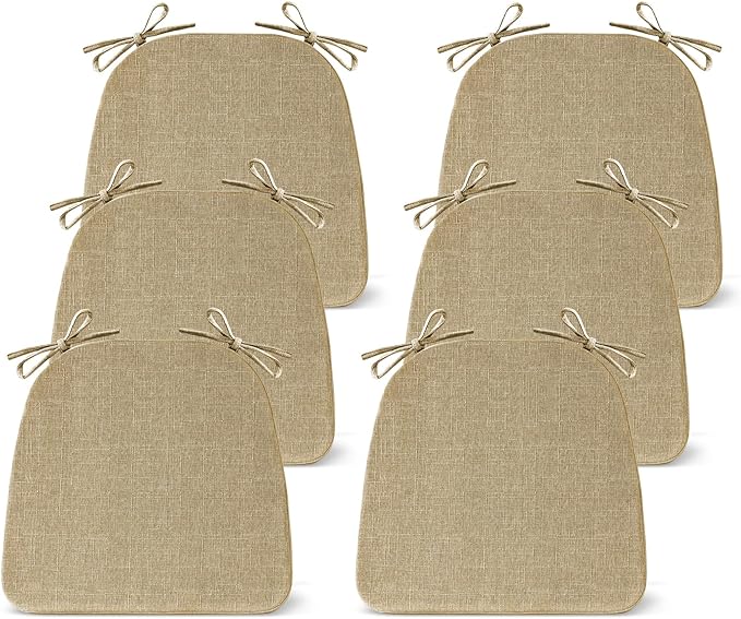 IASEAHK Chair Cushions for Dining Chairs Set of 6, Non Slip Kitchen Chair Pads, 17" x 16" x 2", Indoor Dining Chair Cushions with Ties, D-Shaped Seat Cushions for Kitchen Chairs, Khaki