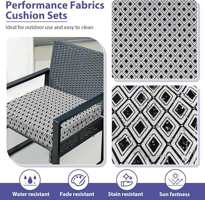 IPYNBAP Outdoor Chair Cushions Set of 4 -Waterproof Outdoor Seat Cushions for Patio Furniture, Patio Chair Cushion with Handle and Ties, Out Door Chair Pads,19x19x3-Square, Black Geometry