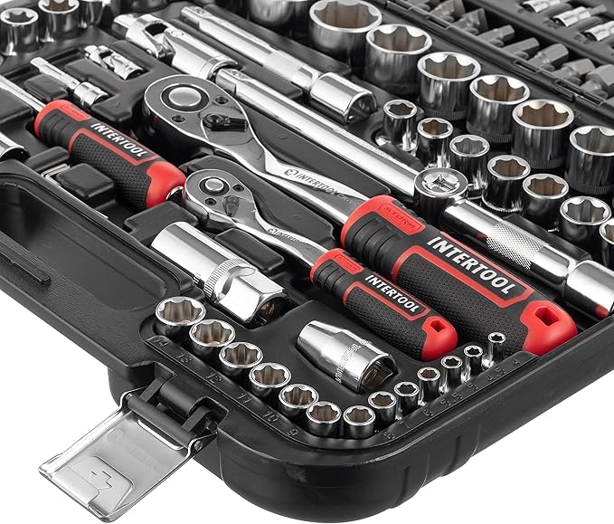 INTERTOOL Metric Socket Set Super Lock, 1/4-inch & 1/2-inch Drive, 110-Piece, Quick Release Ratchets, Extensions, Adapters, Bits, Screwdriver, Metal Latch Hard Case, Tool Gift, ET08-8110