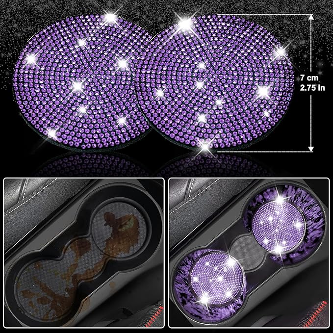 CAR PASS Bling Diamond Leather Car Seat Covers 11 PCS, Sparkly Rhinestone Steering Wheel Cover Glitter Cute Interior Car Accessories Sets Seat Belt Cushion Cup Holder Coaster Women Girl, Violet Purple