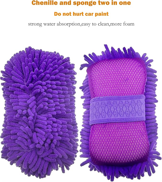 Microfiber Car Wash Sponge-Non-Scratch Wash Mitt-Two Sided Chenille Microfiber Washing Sponge-Mitt for Cars, Trucks, SUVs, Boats (2 Pack Purple)