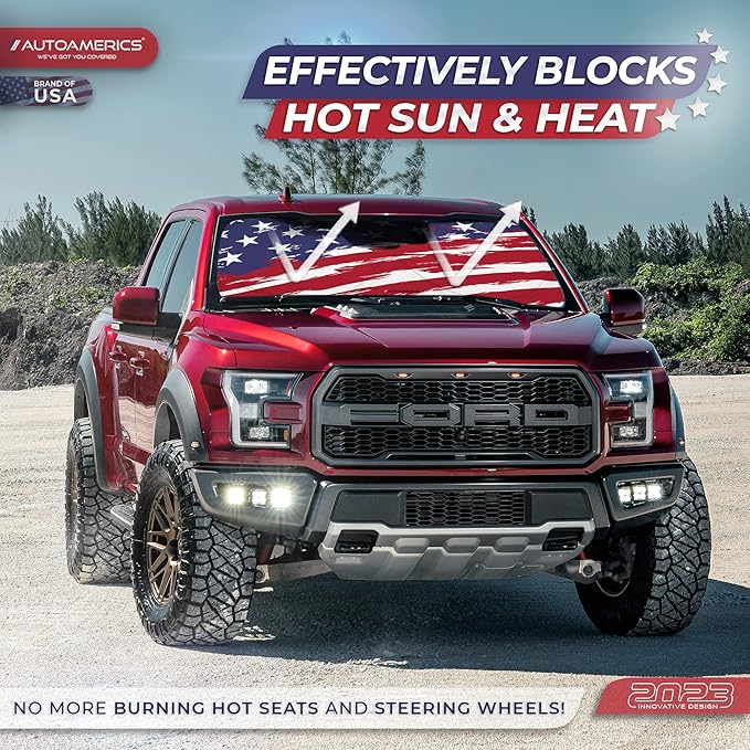 Autoamerics 1-Piece Windshield Sun Shade USA Art Flag - 2 American Design - Foldable Car Front Window Sunshade for Most Sedans SUV Truck - Blocks Max UV Rays and Keeps Your Vehicle Cool - Large