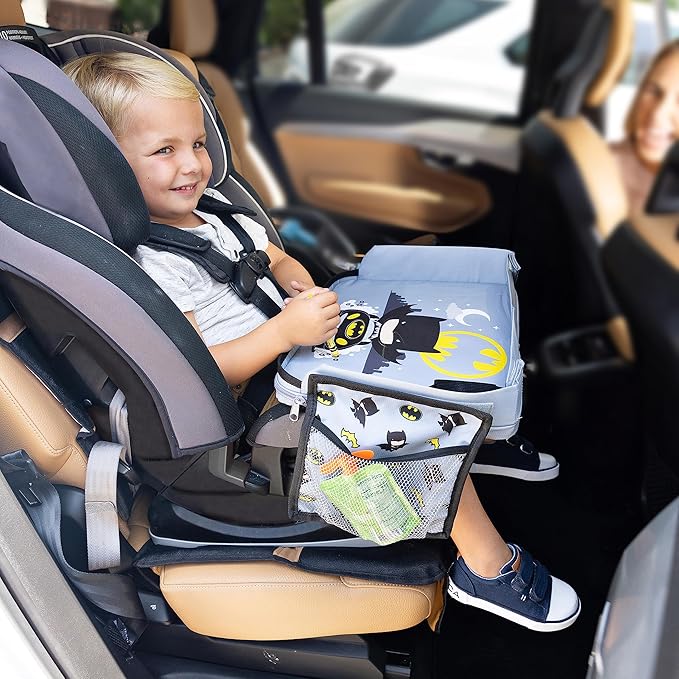 J.L. Childress Warner Bros. 3-IN-1 Kids Travel Tray & Tablet Holder - Car Seat Lap Tray Desk for Toddlers, Road Trip Essentials, Car Seat Activity Table, Travel Accessories - Batman
