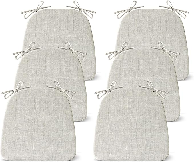 IASEAHK Chair Cushions for Dining Chairs Set of 6, Non Slip Kitchen Chair Pads, 17" x 16" x 2", Indoor Dining Chair Cushions with Ties, D-Shaped Seat Cushions for Kitchen Chairs, Beige