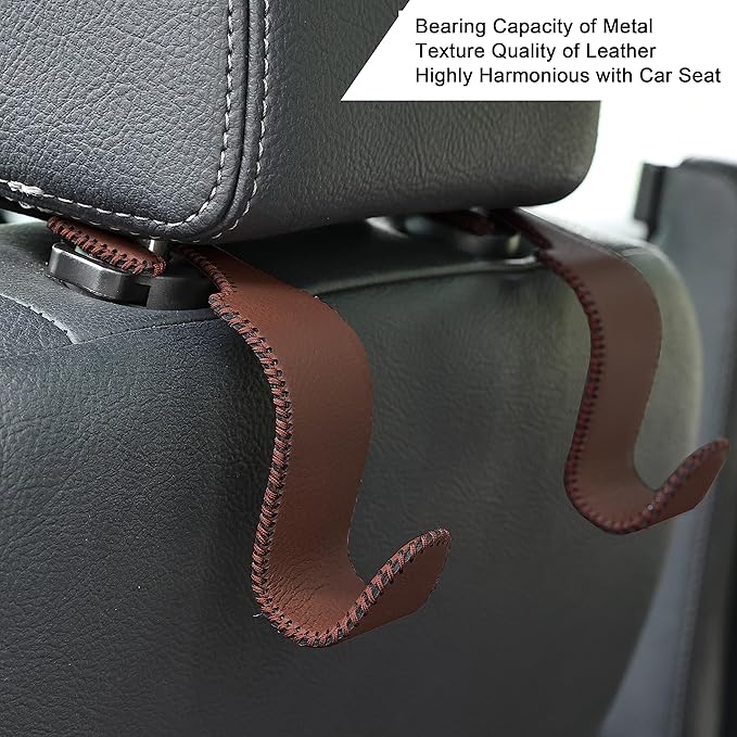 Amooca Car Seat Headrest Hook 4 Pack Metal Core Hanger Universal Car Storage Organizer for Handbag Purse Coat S Type Leather Brown