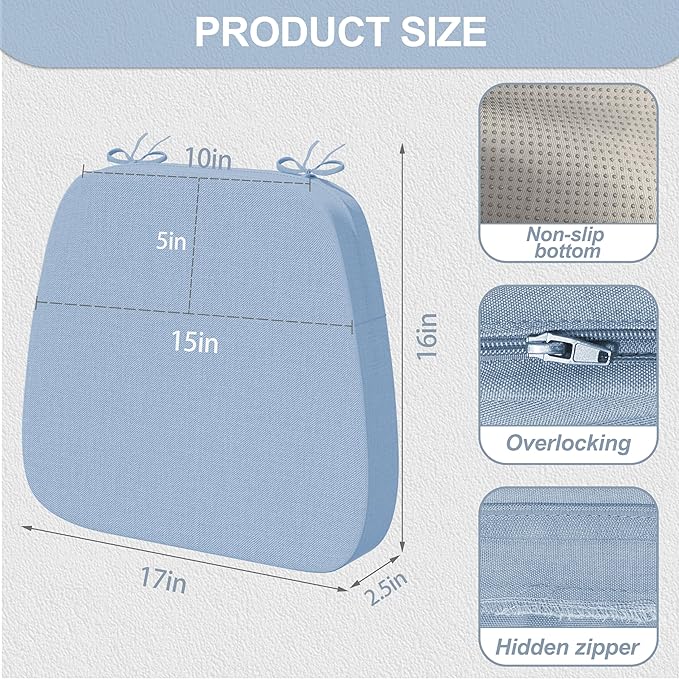 17'' x 16'' x 2.5"Thick Chair Cushions for Dining Chairs, 4 Pack WaterProof Easy Clean Kitchen Chair Pads with Ties and Non-Slip Backing - 30D High Elastic Foam Soft Kitchen Chair Cushions