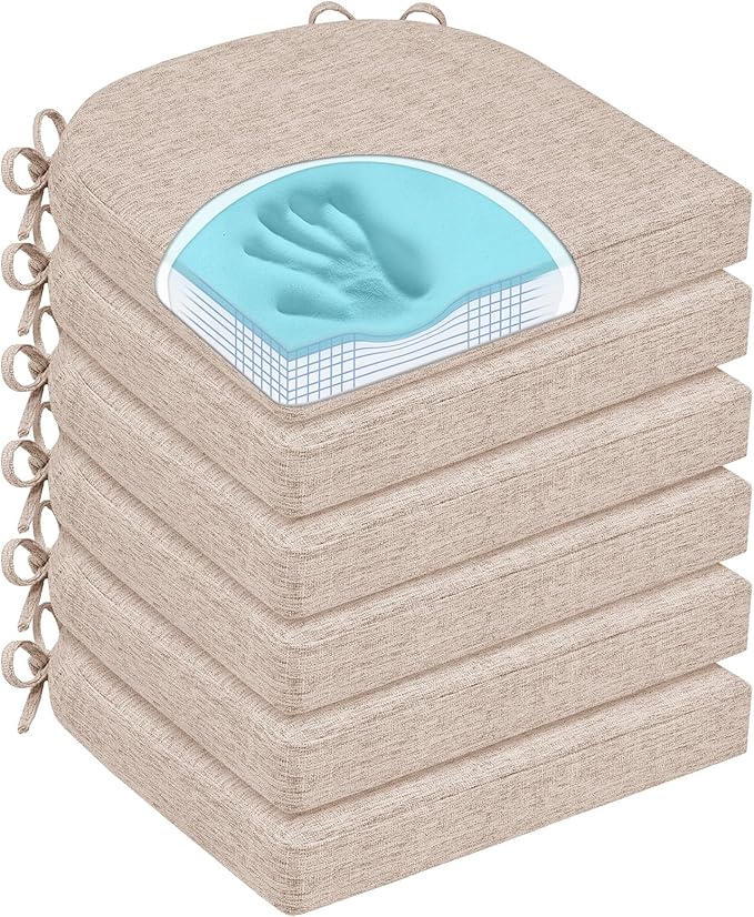 Chair Cushions for Dining Chairs, Non Slip Chair Pads with Ties and Washable Covers, Memory Foam Kitchen Chair Cushions Set of 6, 16"X16"X2.5", Oatmeal Beige