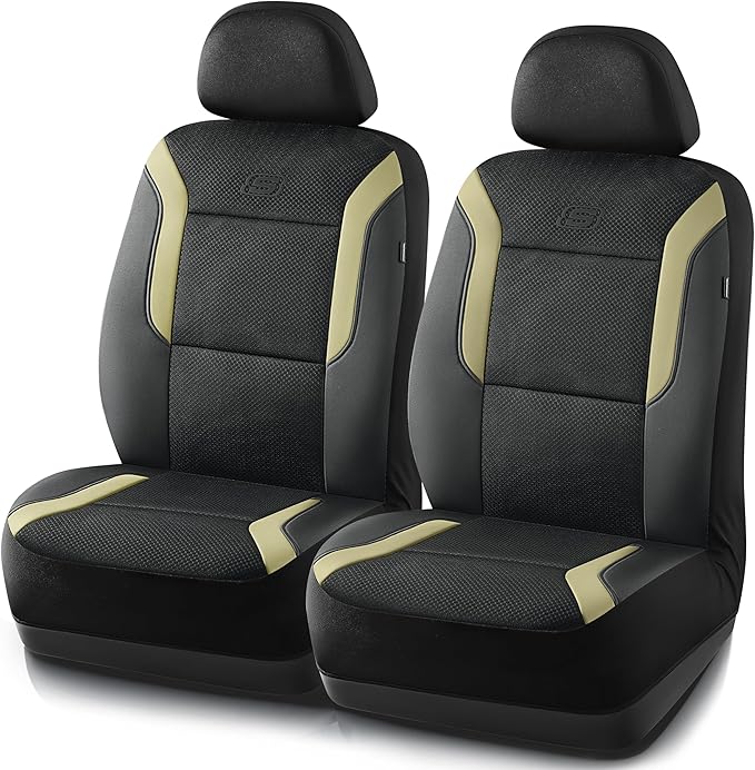 Skechers Memory Foam Car Seat Covers, Air Cool Mesh Thick Seat Covers,Car Seat Covers Front Seats Airbag Compatible, Automotive Comfort Protection for Most Cars,Van,Trucks, SUVs,Beige