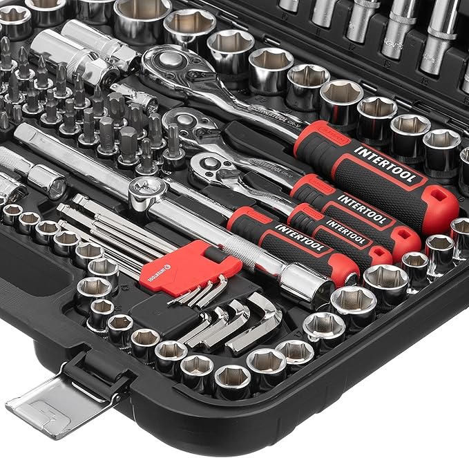 INTERTOOL Metric Socket Set, 1/4” 3/8” 1/2” Drive, 156-Piece, Ratchet Box Wrenches, Quick Release Ratchets, Extensions, Adapters, Security Bits, Screwdriver, Hex Keys, Hard Case, Tool Gift, ET08-8156