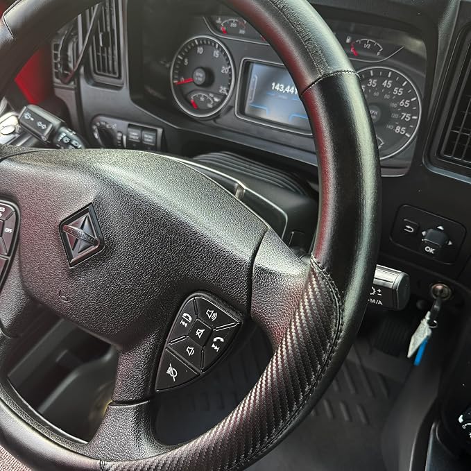 18-Inch Genuine Leather Steering Wheel Cover for Semi Trucks – Black with Black Stripes, Universal Fit Heavy-Duty Non-Slip Grip, Comfortable Control, Easy Installation
