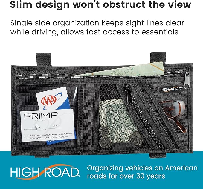 High Road Car Visor Organizer with Secure Zip Pockets, Sunglasses Holder and Clear Registration and Insurance Pocket - Heavy Duty Straps Fit Most Car, SUV and Truck Visors