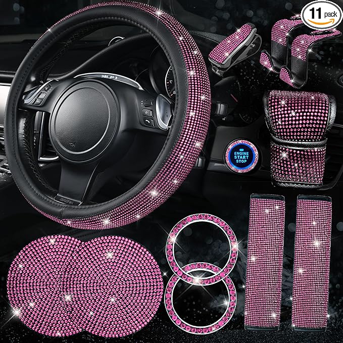 CAR PASS 11 PCS Bling Diamond Car Accessories Set for Women, Sparkly Rhinestone Steering Wheel Cover, Bling Seat Belt Cushion, Shift Knob Cover, Push Start Button Ring, Cup Holder Coaster, Black Pink