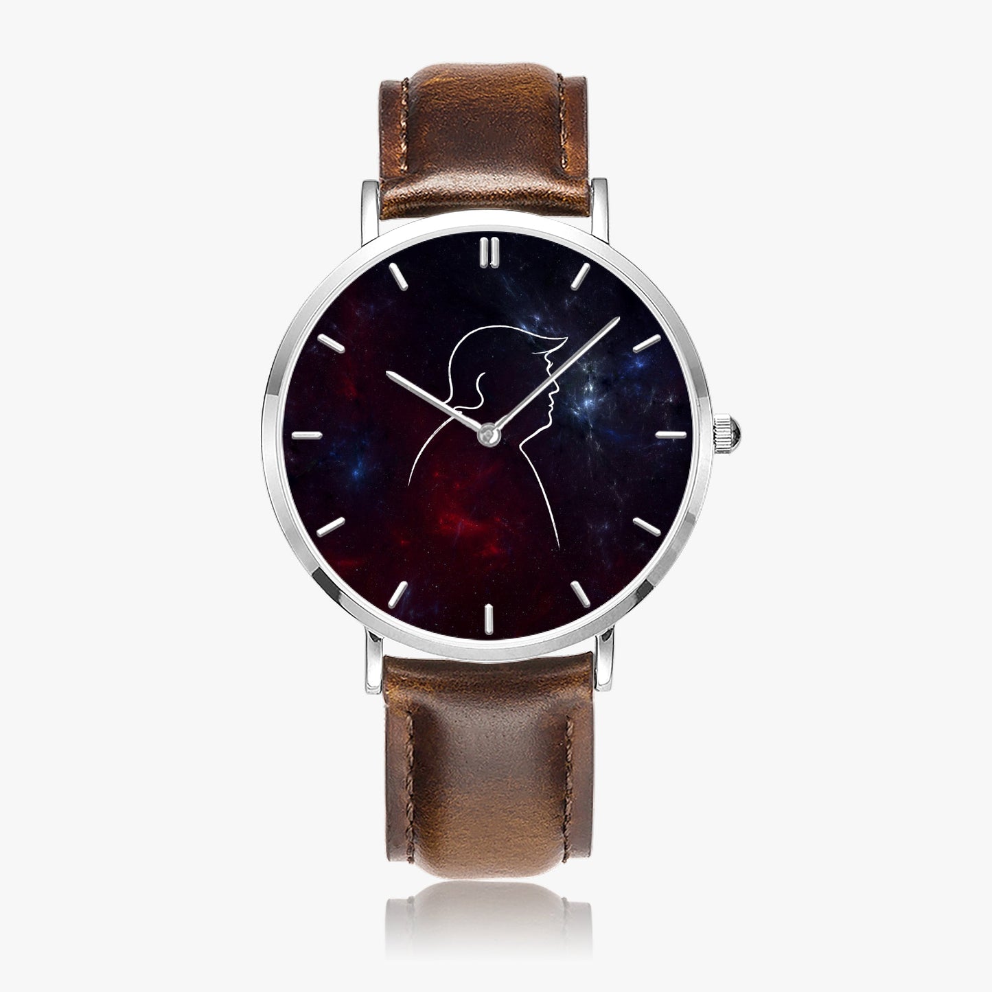 Cosmic Profile Watch – Galaxy Line Art Unisex Leather Band Timepiece