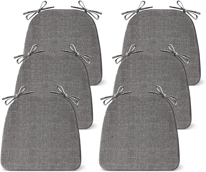 IASEAHK Chair Cushions for Dining Chairs Set of 6, Non Slip Kitchen Chair Pads, 17" x 16" x 2", Indoor Dining Chair Cushions with Ties, D-Shaped Seat Cushions for Kitchen Chairs, Dark Grey