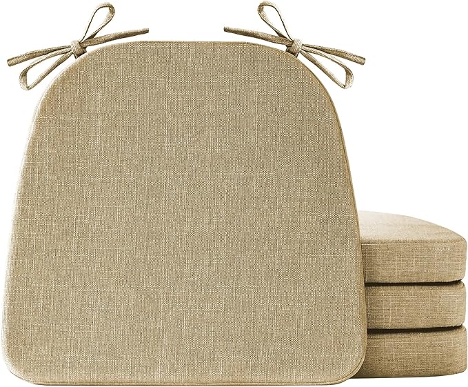 IASEAHK Chair Cushions for Dining Chairs Set of 4, Non Slip Kitchen Chair Pads, 17" x 16" x 2", Indoor Dining Chair Cushions with Ties, D-Shaped Seat Cushions for Kitchen Chairs, Khaki