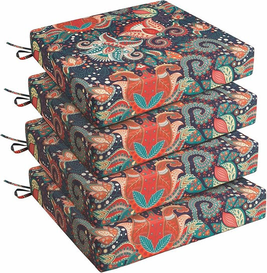 UNIKOME Outdoor Chair Cushions Pack of 4, Water Resistant Patio Cushions with Ties, High Density Sponge Filling Square Corner Seat Cushions for Outdoor Furniture, 19"*19"*3", Boho