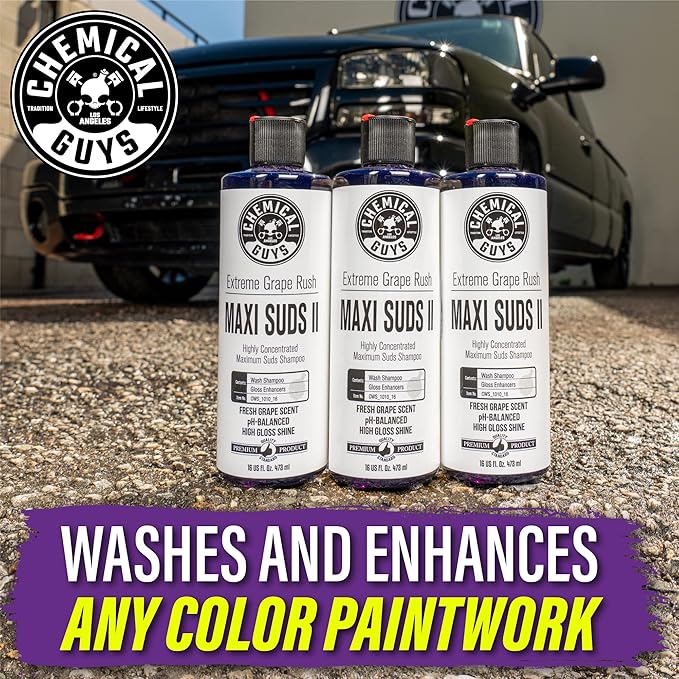Chemical Guys CWS/1010/64 Maxi-Suds II Foaming Car Wash Soap (Works with Foam Cannons, Foam Guns or Bucket Washes) Safe for Cars, Trucks, Motorcycles, RVs & More, 64 fl. Oz (Half Gallon), Grape Scent