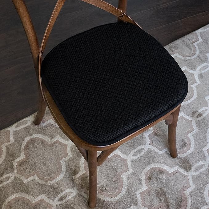 Sweet Home Collection Memory Foam Chair Cushion Honeycomb Pattern Solid Color Slip Non Skid Rubber Back Ultimate Comfort and Softness Rounded Square 16" x 16" Seat Cover, 12 Pack, Black