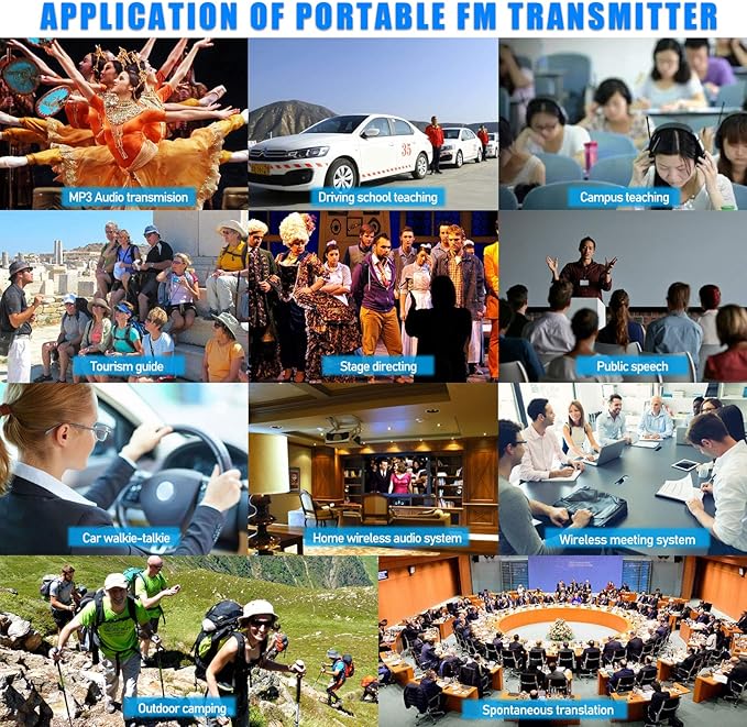 EXMAX Portable 0.2W/200mW Stereo Wireless FM Transmitter Radio MP3 Music Player Broadcast with 3.5mm AUX Microphone Support TF Card for Tour Guide System Teaching Simultaneous Meeting Black