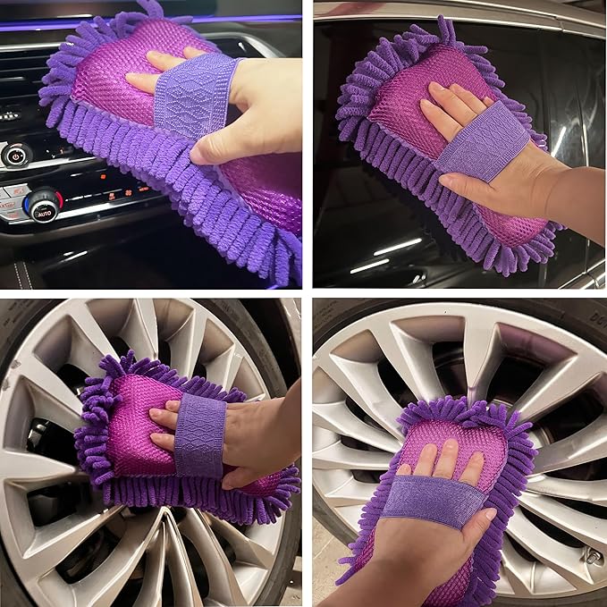 Microfiber Car Wash Sponge-Non-Scratch Wash Mitt-Two Sided Chenille Microfiber Washing Sponge-Mitt for Cars, Trucks, SUVs, Boats (2 Pack Purple)