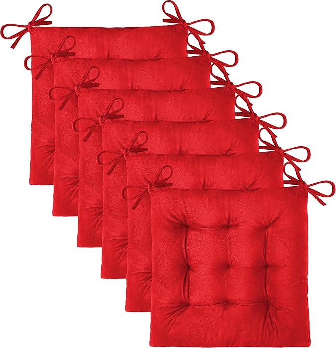 OVOV 6 Pack Chair Cushions for Dining Chairs Soft Seat Cushions for Kitchen Desk Chairs Square Chair Pads with Ties (15.5"x15.5" Red)