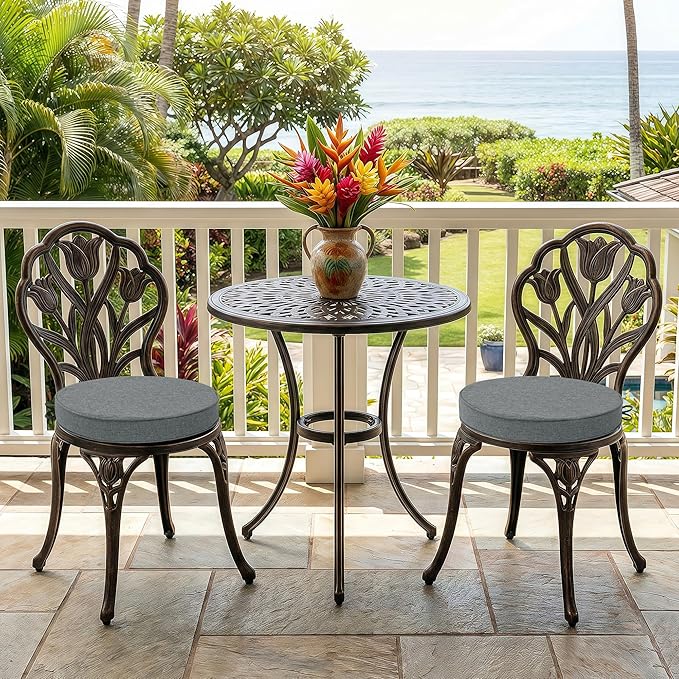 Outdoor Round Chair Cushions 15 Inch, Fade-Resistant & Water-Resistant, Bistro Chair Seat Pads for Porch Garden Balcony Patio Furniture Stools, Non-Slip Bottom, Set of 2, Dark Grey