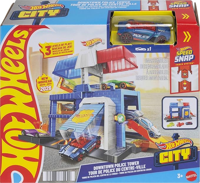 Hot Wheels Toy Car Track Set, City Downtown Police Tower Playset & 1:64 Scale Die-Cast Police Vehicle, Expands to 3 Levels, Speed Snap Track System