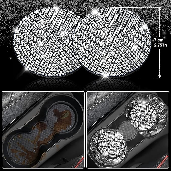 CAR PASS Bling Diamond Leather Car Seat Covers Sets 11 pcs,Bling Diamond Car Accessories for Women, Sparkly Rhinestone Steering Wheel Cover, Glitter Cute Interior Sets for Women Girl,Silver