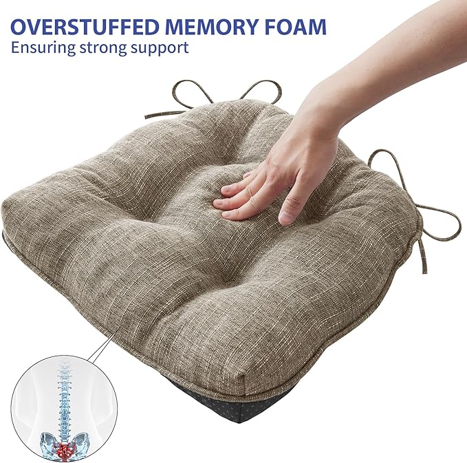 IPYNBAP Chair Cushions for Dining Chairs Set of 6, Kitchen Chair Cushions, Chair Pads with Ties and Non Slip Backing, Tufted Memory Foam Seat Cushion 6 Pack, 15.5" x 15.5" x 4", Khaki