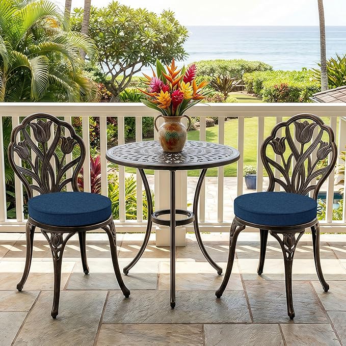 Outdoor Round Chair Cushions 15 Inch, Fade-Resistant & Water-Resistant, Bistro Chair Seat Pads for Porch Garden Balcony Patio Furniture Stools, Non-Slip Bottom, Set of 2, Navy Blue