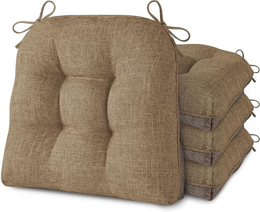 AddGrace Chair Cushions for Dining Chairs Set of 4 Kitchen Seat Cushions with Ties and Non Slip Backing Tufted Indoor Seat Pad for Kitchen Dining Room 18" x 17" x 3" Light Brown