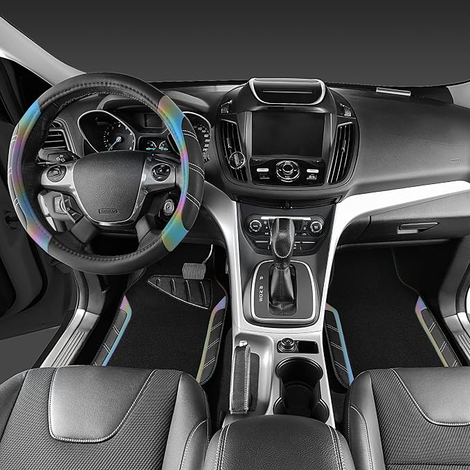 CAR PASS Leather Steering Wheel Cover and Waterproof Car Floor Mats,Microfiber Universal Car Combo Fit for 95% Sedan,SUV,Cars,14.5-15inch Sporty Anti-Slip Safety Comfortable Design(Black＆Reflective)