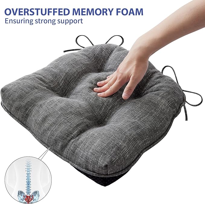 IPYNBAP Chair Cushions for Dining Chairs Set of 4, Kitchen Chair Cushions, Chair Pads with Ties and Non Slip Backing, Tufted Memory Foam Seat Cushion 4 Pack, 15.5" x 15.5" x 4", Dark Gray